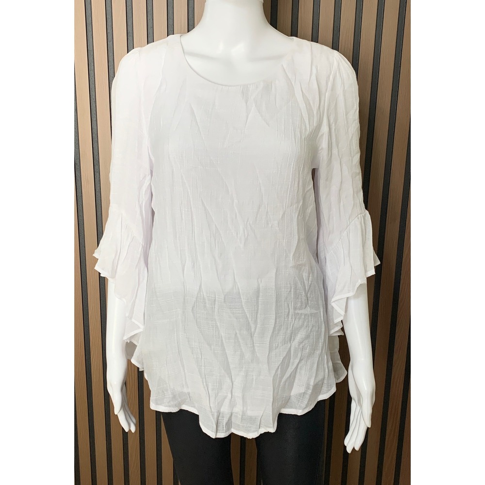 Joseph Ribkoff White Ruffle Bell Sleeve Blouse Textured Slub Top Size 4 Artsy
